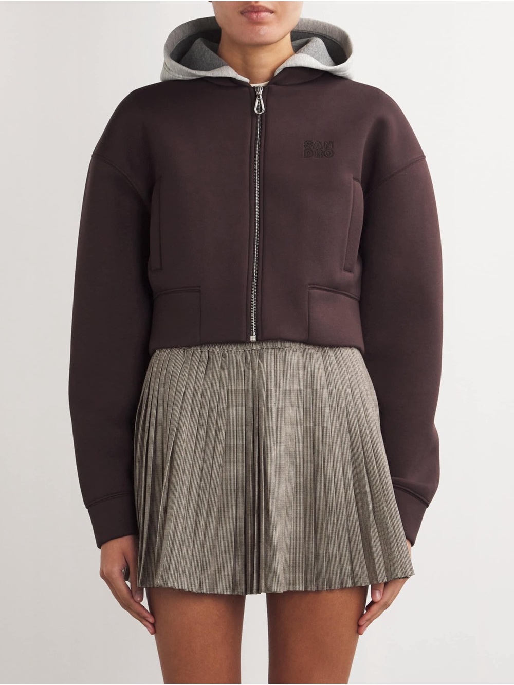 Dark Brown Zipped Sandro Scuba Hoodie with Detachable Grey Lined Hood